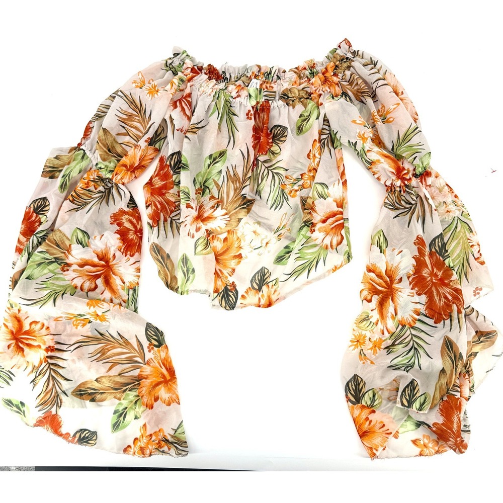 Live 4 Truth Vintage Tropical Floral Off-Shoulder Top Bell Sleeve Boho Y2K M
